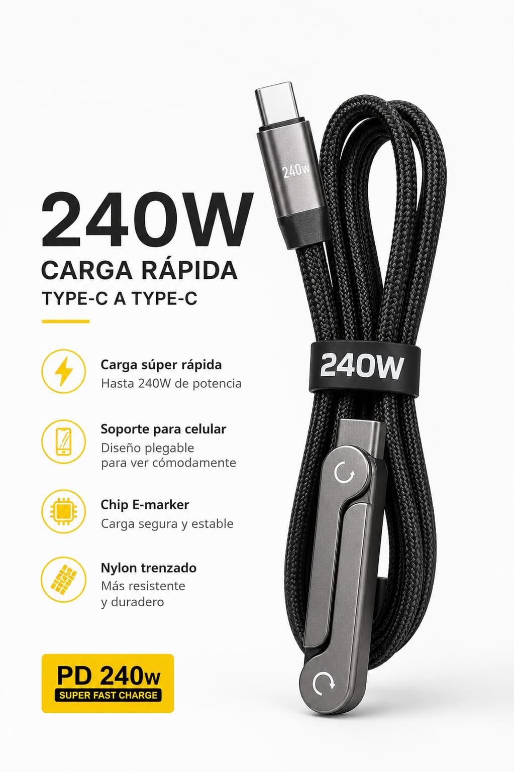 Cable Usb 2.0 A Tipo-c Carga Rápida 1.5m Soporte Plegable 2400W - Image 2