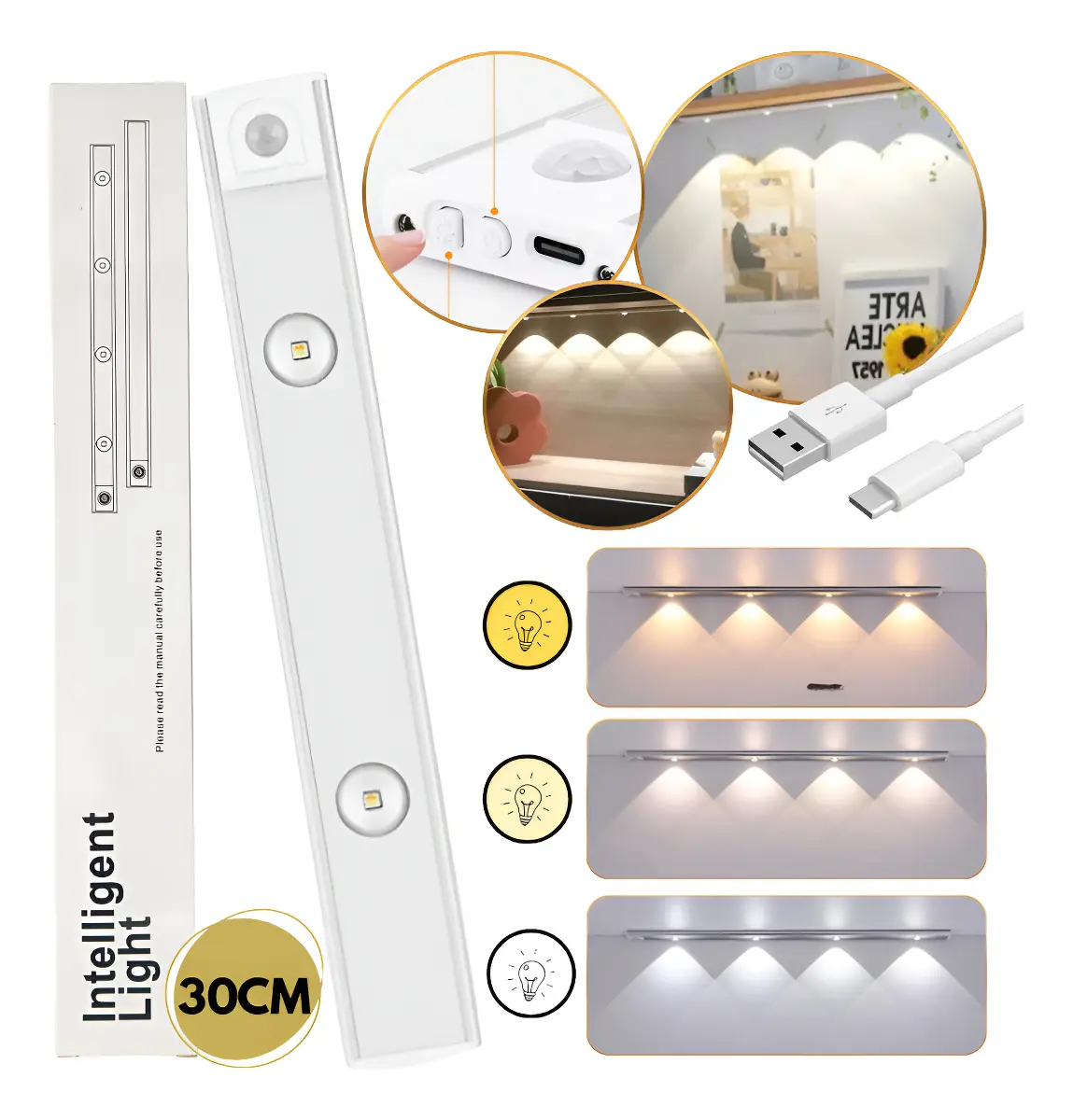 Barra Luz Led 30cm Recargable Con Sensor De Movimiento Blanco/Fria Blanco Calido - Imagen 4