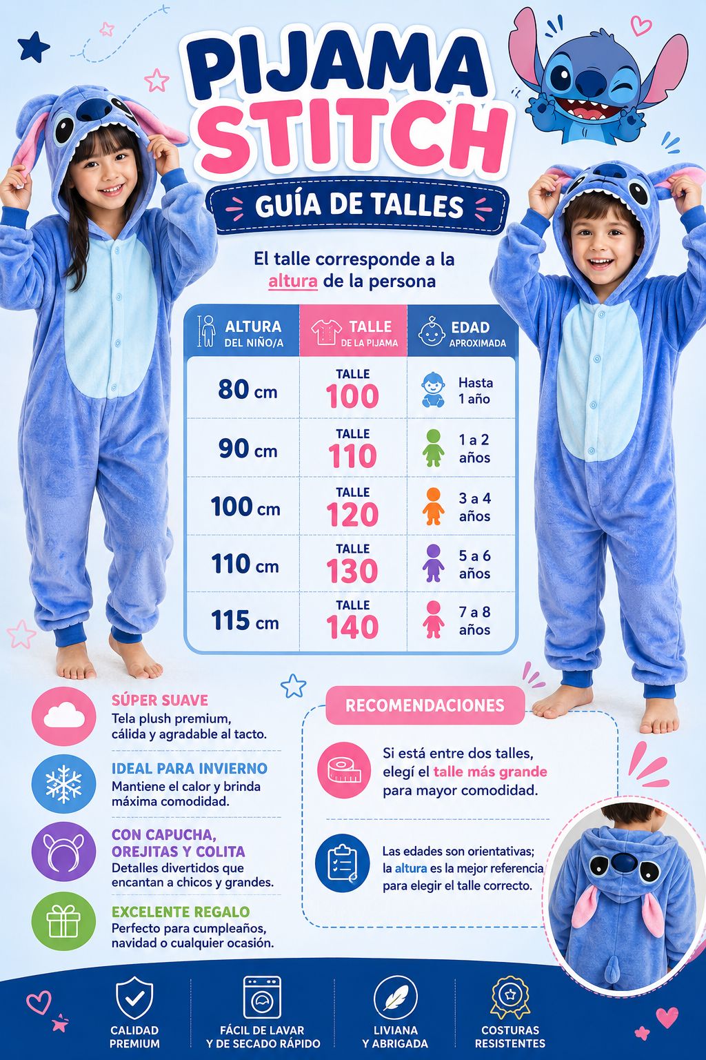 Pijama Stich Enterito Niños Suave Disfraz Abrigado - Image 3