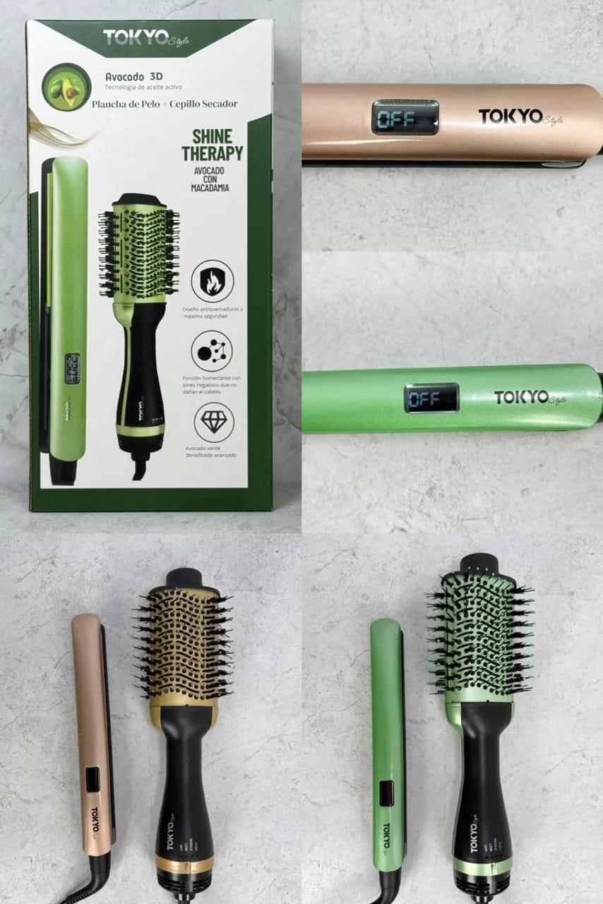 Set Plancha Pelo Digital Y Cepillo Secador Modelador 2 En 1