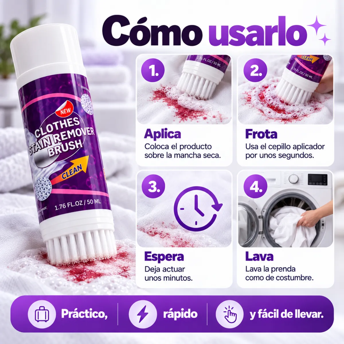 Limpia Ropa Quita Manchas 50ml Con Cepillo Aplicador - Imagen 2