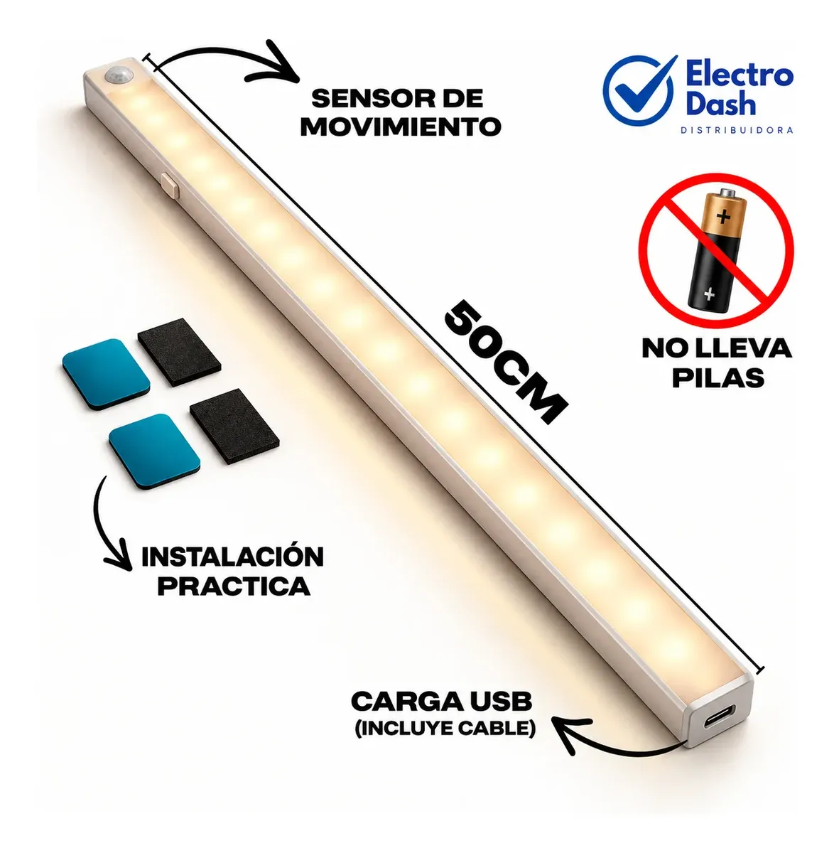 Luz Led Noche Sensor Movimiento Barra Recargable blanco cálido Usb 50cm - Imagen 2